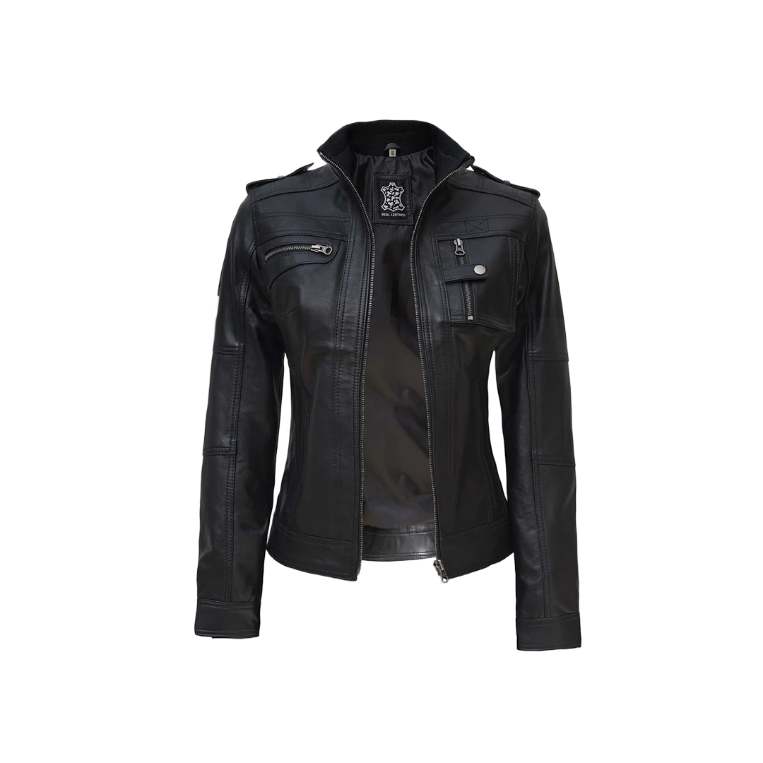 Women's Black Cafe Racer Real Leather Jacket