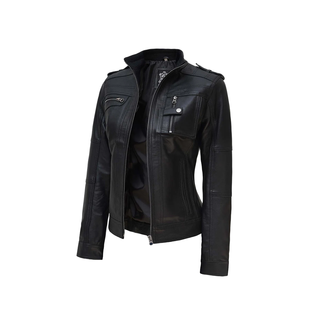Women's Black Cafe Racer Real Leather Jacket