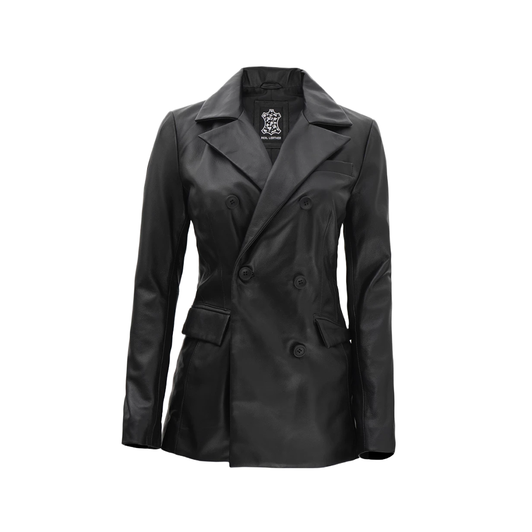 Women Black Double Breasted Leather Blazer