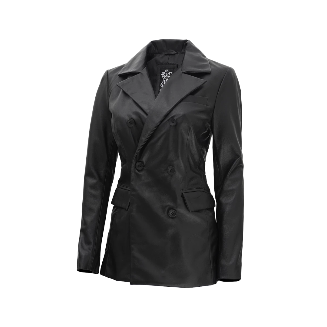 Women Black Double Breasted Leather Blazer