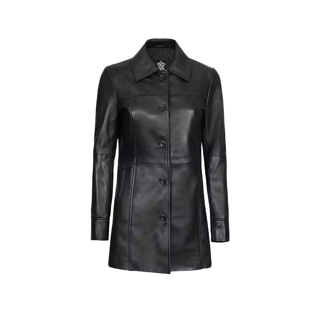 Womens 3/4 Length Real Black Leather Coat