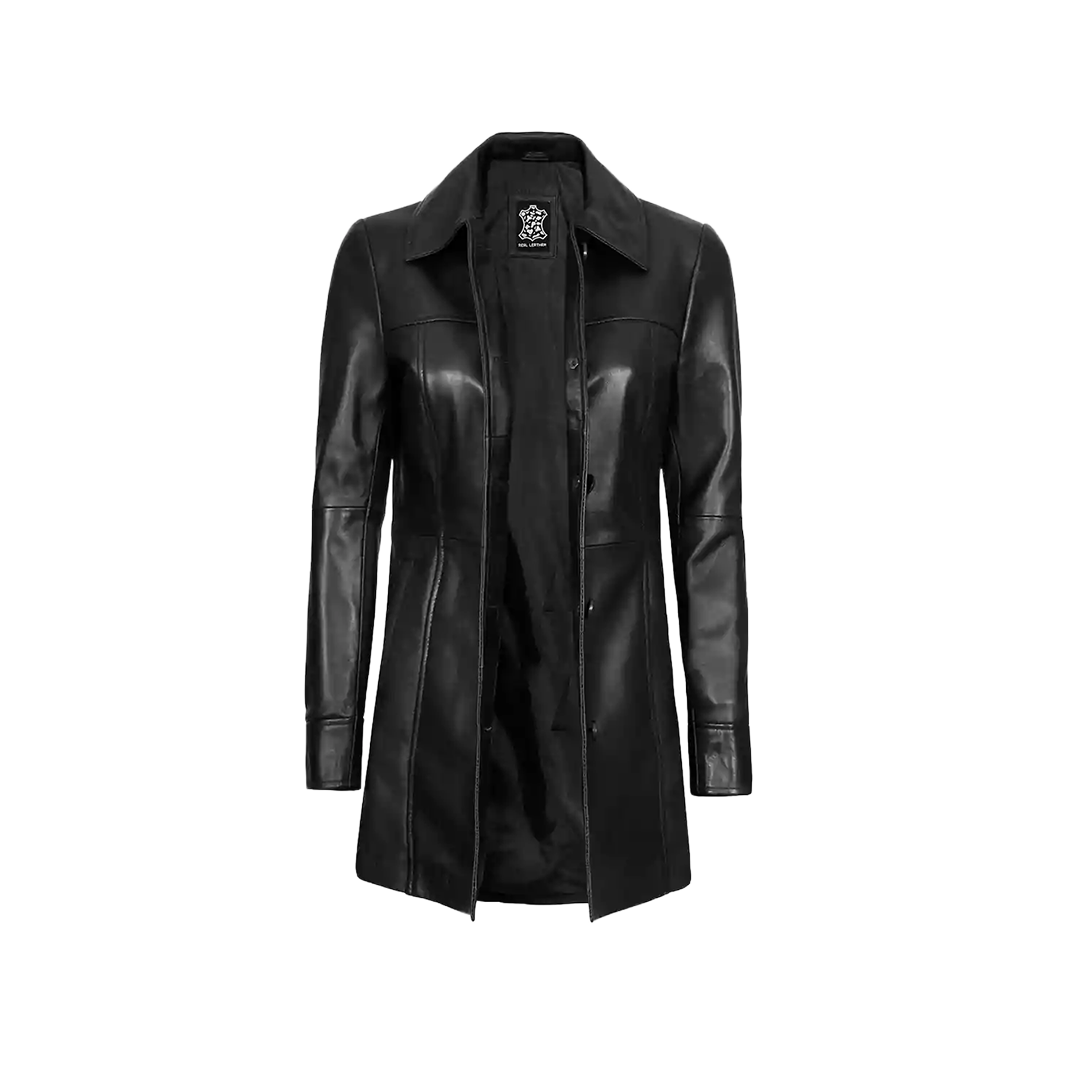 Womens 3/4 Length Real Black Leather Coat