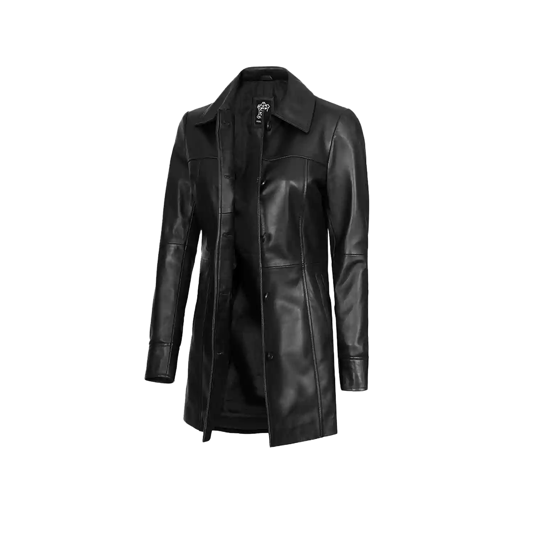 Womens 3/4 Length Real Black Leather Coat