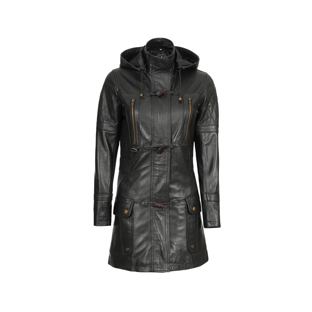 Women’s Black 3/4 Length Leather Coat with Hood