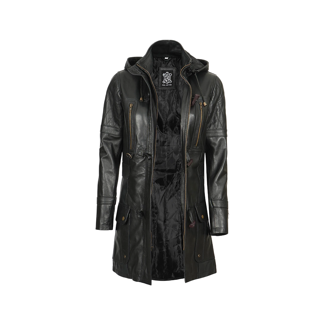 Women’s Black 3/4 Length Leather Coat with Hood