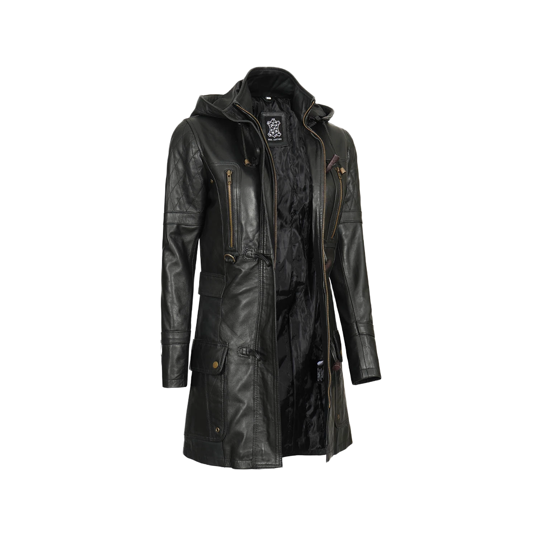 Women’s Black 3/4 Length Leather Coat with Hood