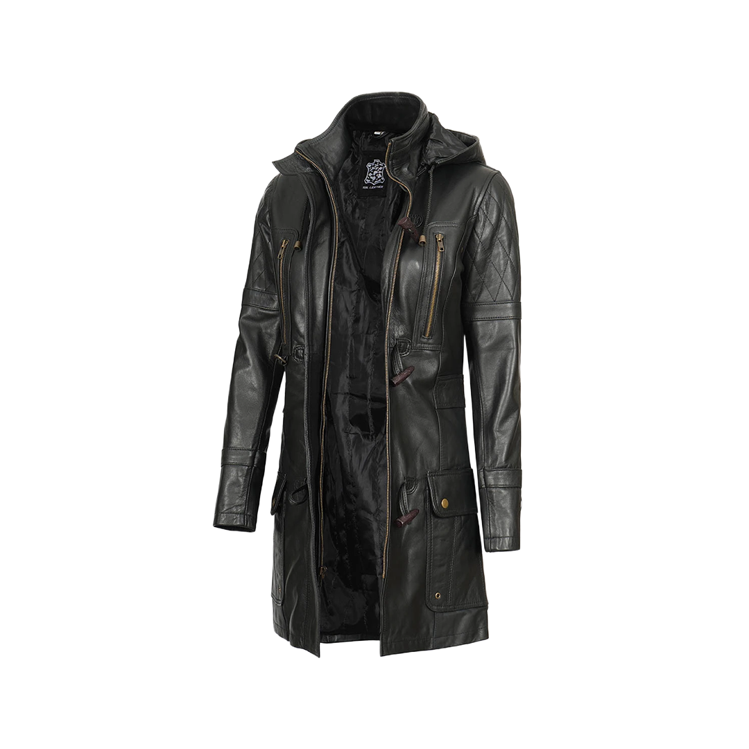 Women’s Black 3/4 Length Leather Coat with Hood