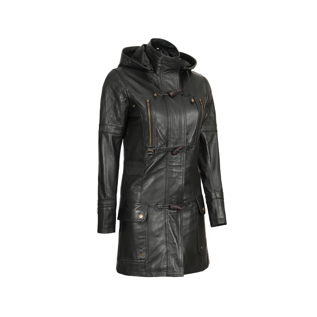 Women’s Black 3/4 Length Leather Coat with Hood