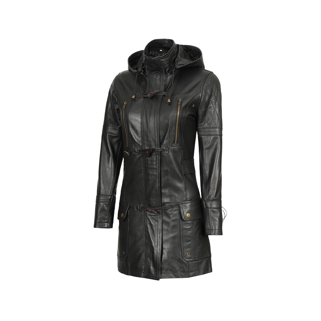 Women’s Black 3/4 Length Leather Coat with Hood