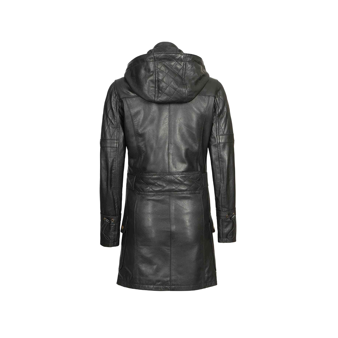 Women’s Black 3/4 Length Leather Coat with Hood
