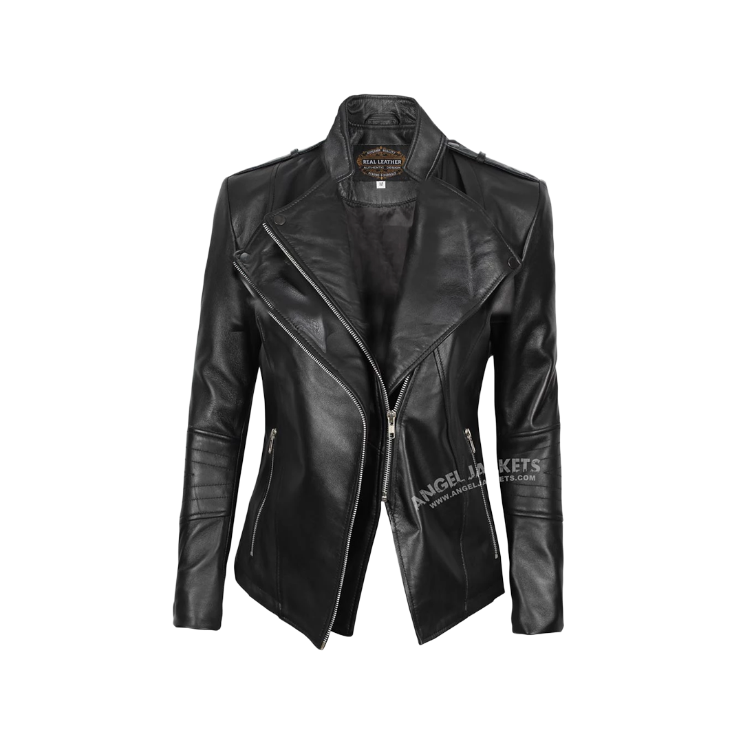 Women's Black Leather Biker Jacket – Asymmetrical & Stylish