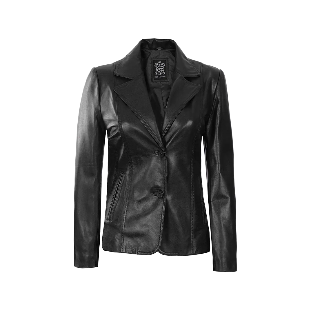 Women's Black Two-Button Leather Blazer Jacket