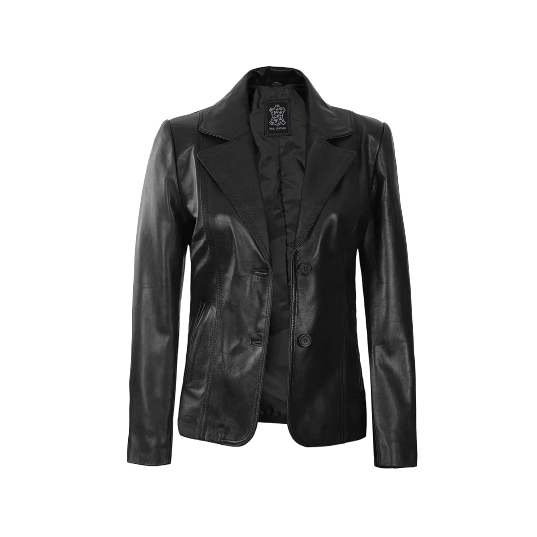 Women's Black Two-Button Leather Blazer Jacket