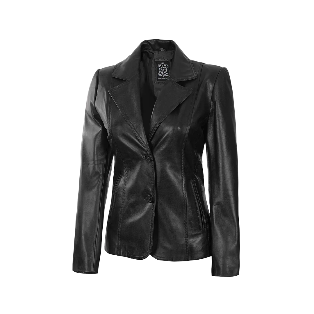 Women's Black Two-Button Leather Blazer Jacket
