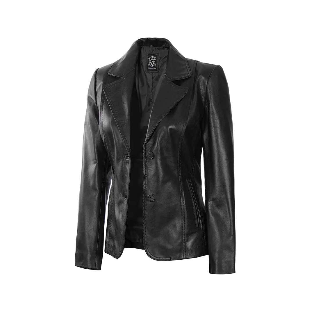 Women's Black Two-Button Leather Blazer Jacket