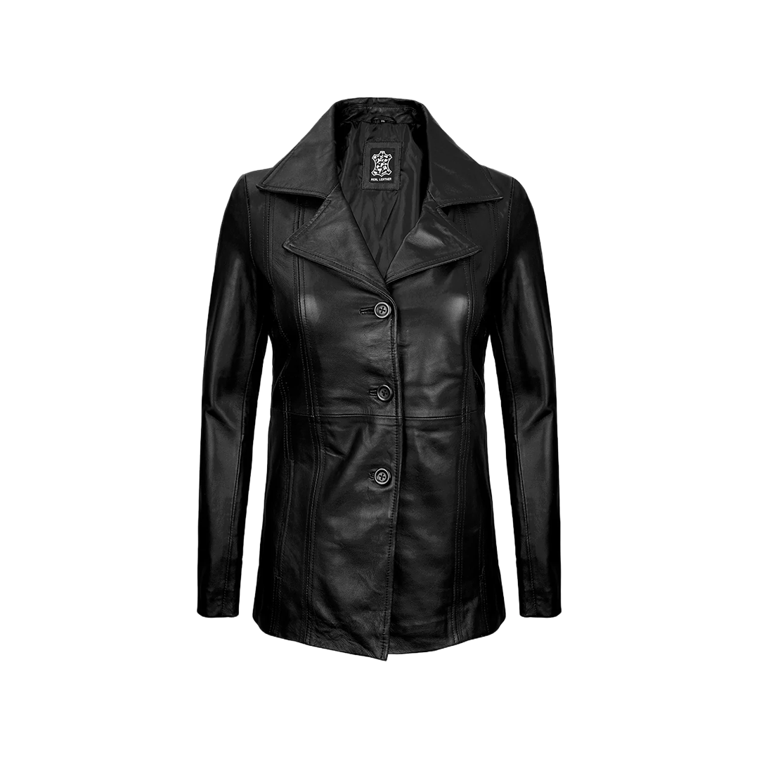 Women's Black Real Leather Blazer with Three Button