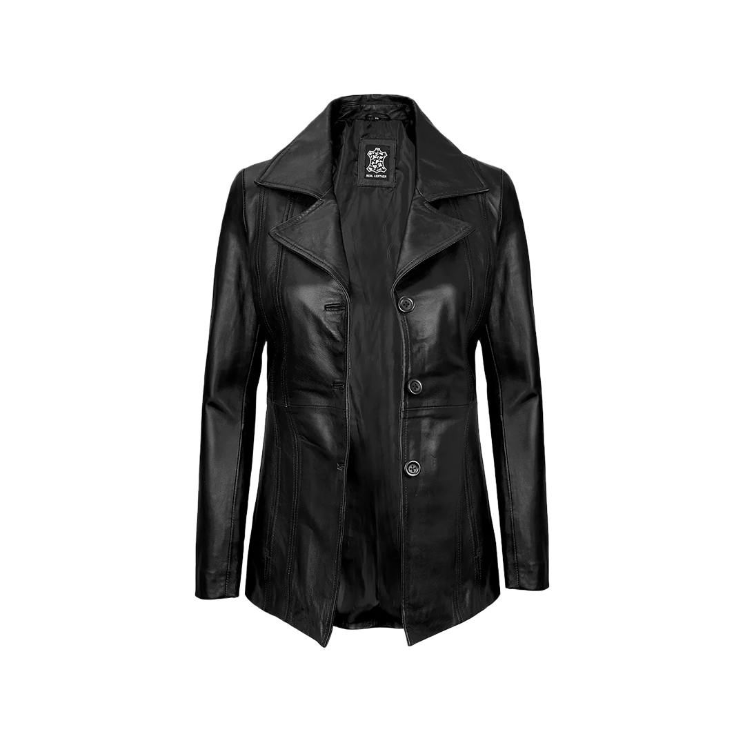 Women's Black Real Leather Blazer with Three Button