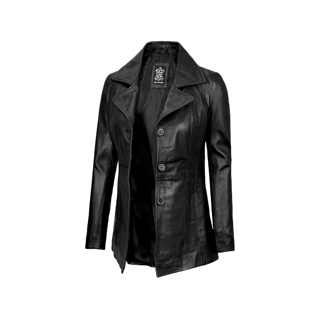 Women's Black Real Leather Blazer with Three Button