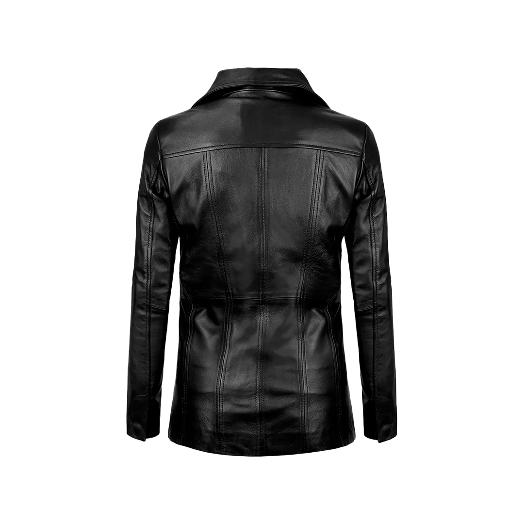 Women's Black Real Leather Blazer with Three Button