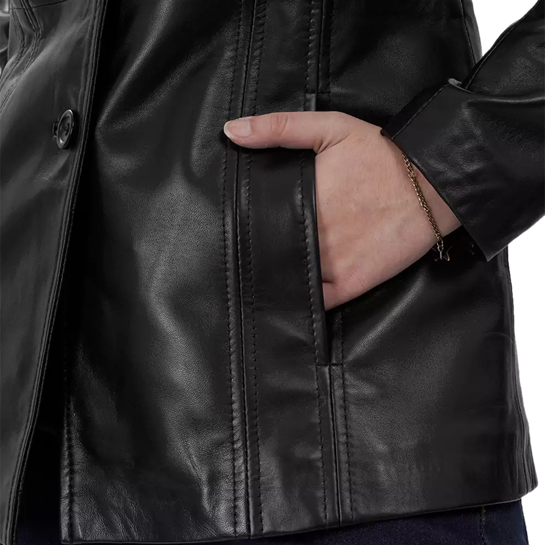 Women's Black Real Leather Blazer with Three Button