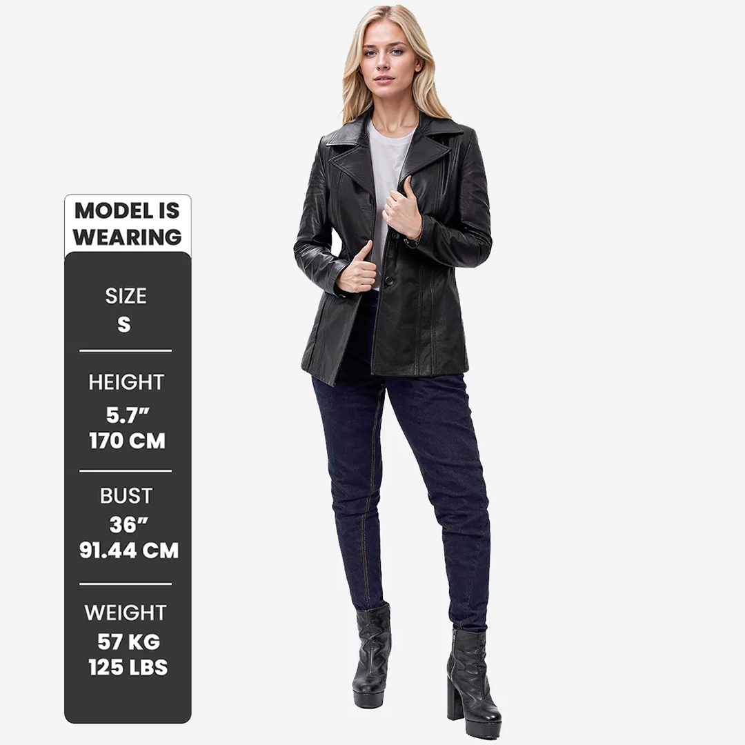 Women's Black Real Leather Blazer with Three Button