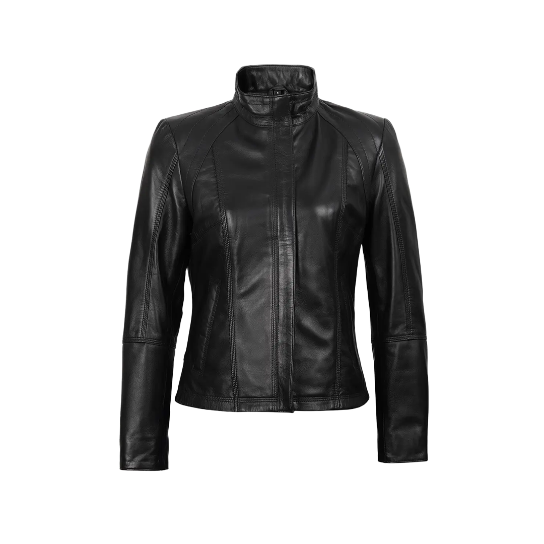 Women's Black Leather Cafe Racer Motorcycle Jacket
