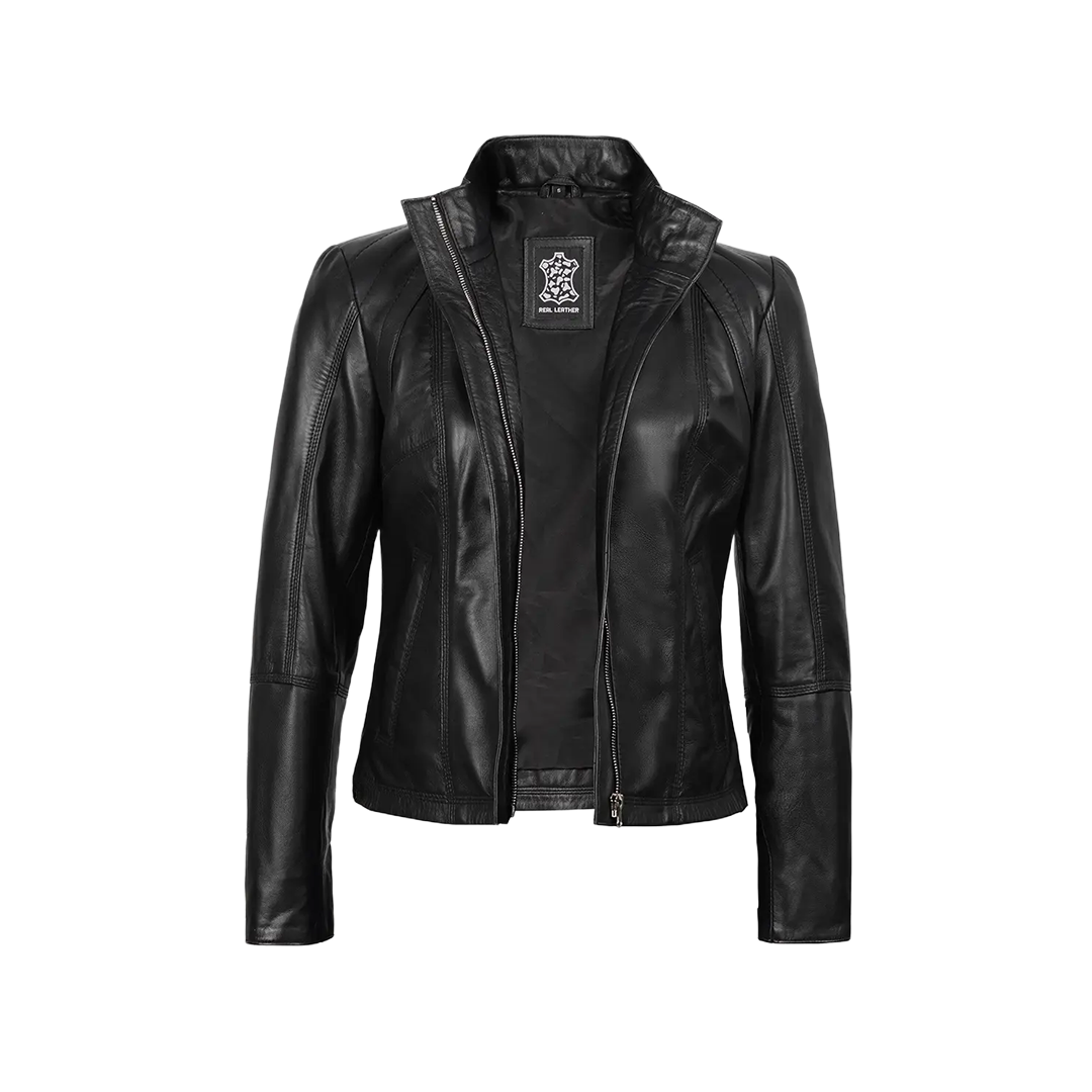 Women's Black Leather Cafe Racer Motorcycle Jacket