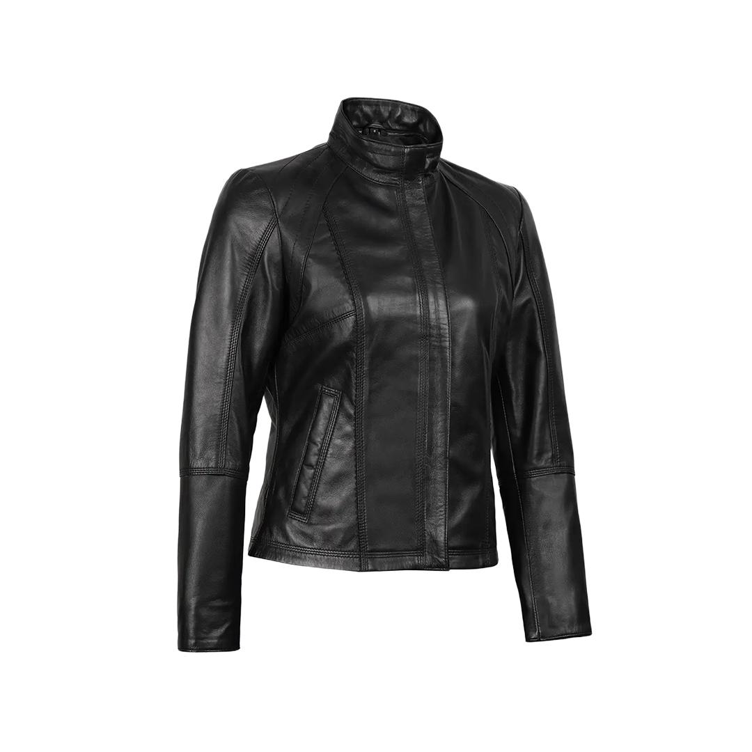 Women's Black Leather Cafe Racer Motorcycle Jacket
