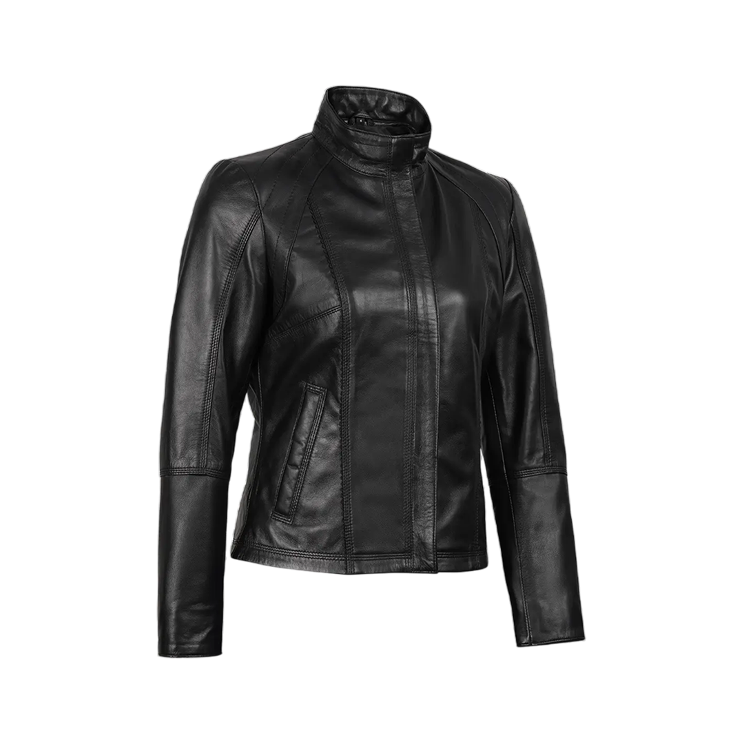 Women's Black Leather Cafe Racer Motorcycle Jacket