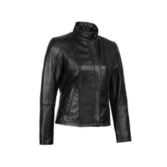 Women's Black Leather Cafe Racer Motorcycle Jacket