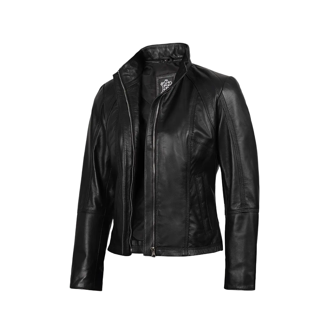 Women's Black Leather Cafe Racer Motorcycle Jacket