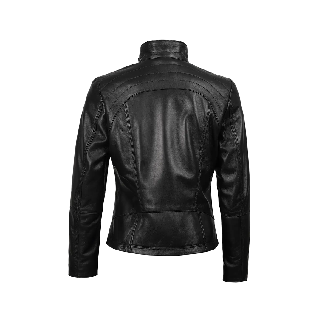 Women's Black Leather Cafe Racer Motorcycle Jacket