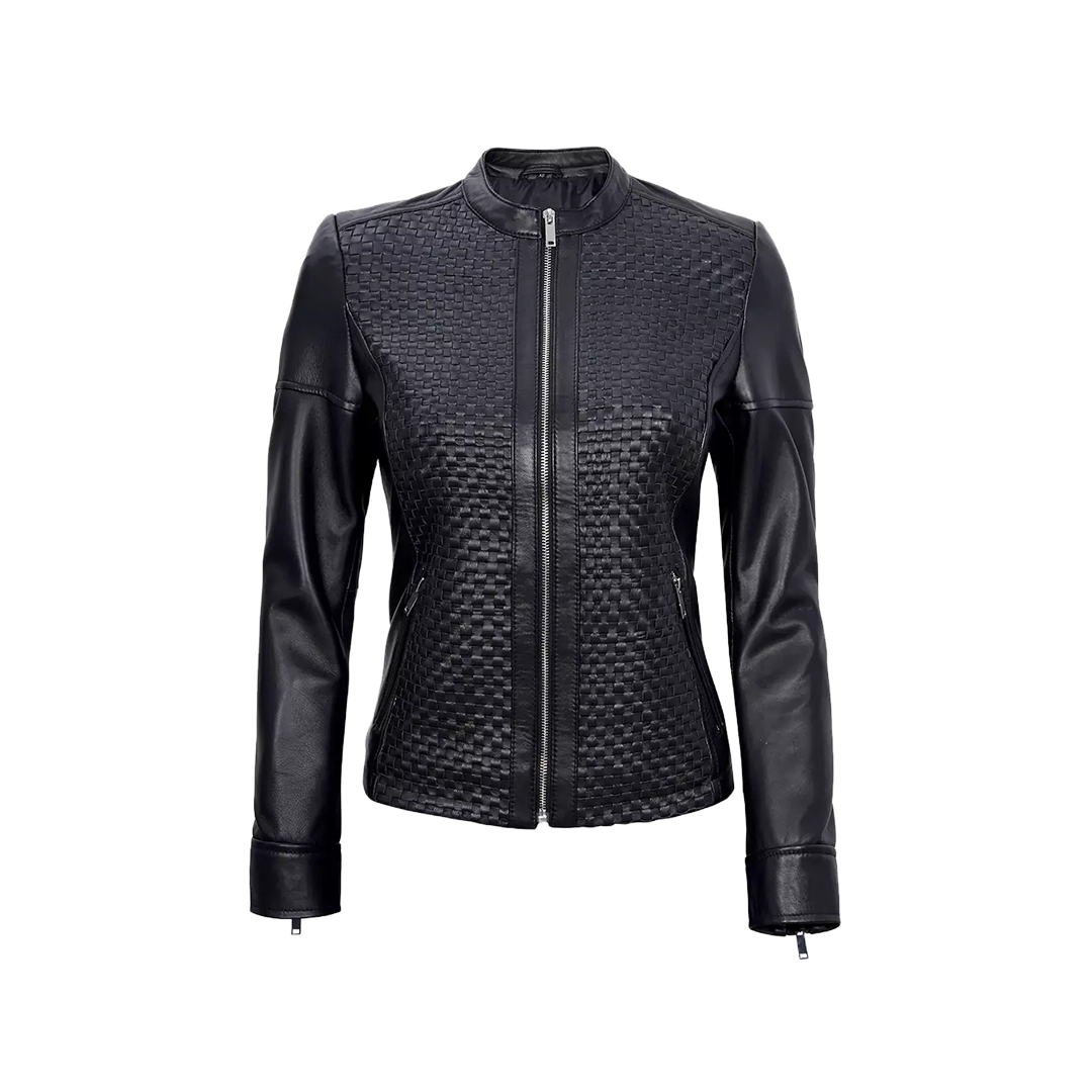 Women's Black Leather Cafe Racer Textured Jacket
