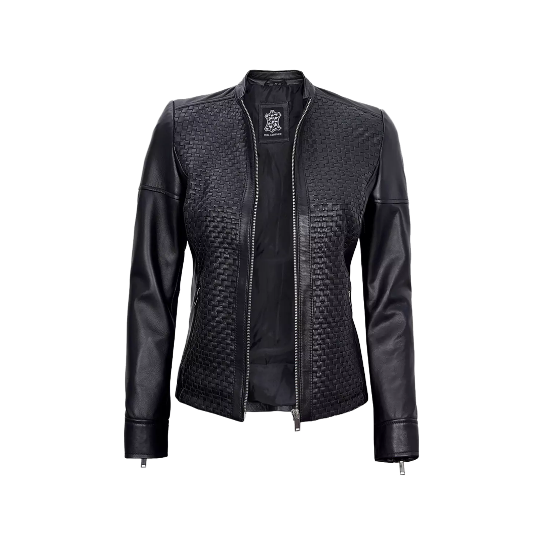 Women's Black Leather Cafe Racer Textured Jacket