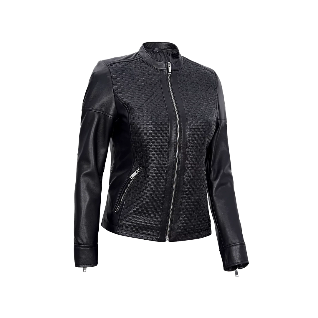 Women's Black Leather Cafe Racer Textured Jacket