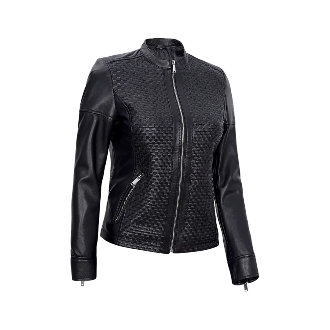 Women's Black Leather Cafe Racer Textured Jacket