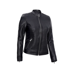 Women's Black Leather Cafe Racer Textured Jacket