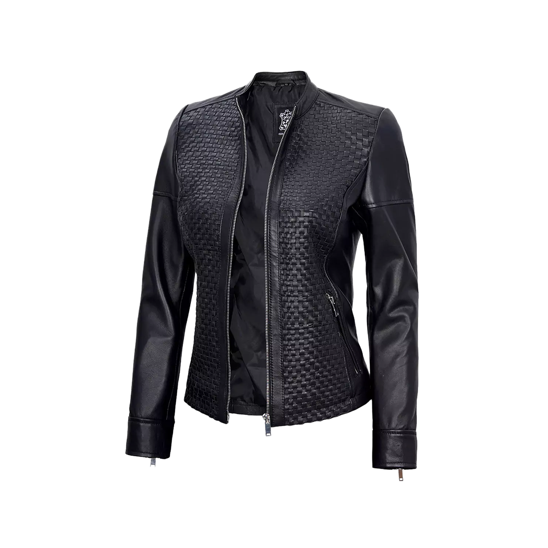 Women's Black Leather Cafe Racer Textured Jacket