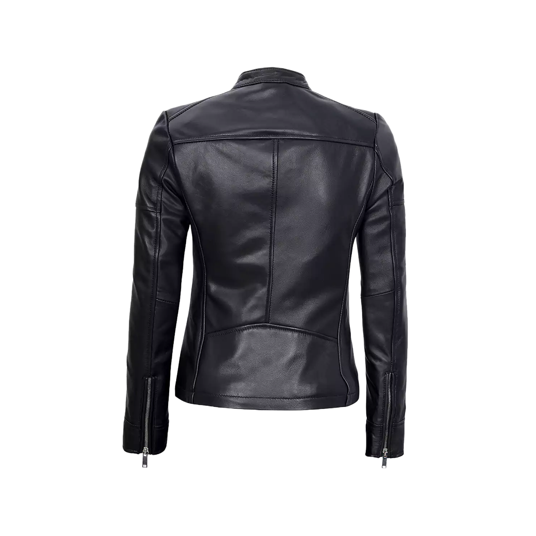 Women's Black Leather Cafe Racer Textured Jacket
