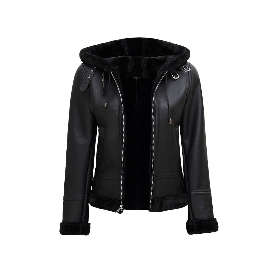 Women's Black Leather Hooded Shearling Jacket
