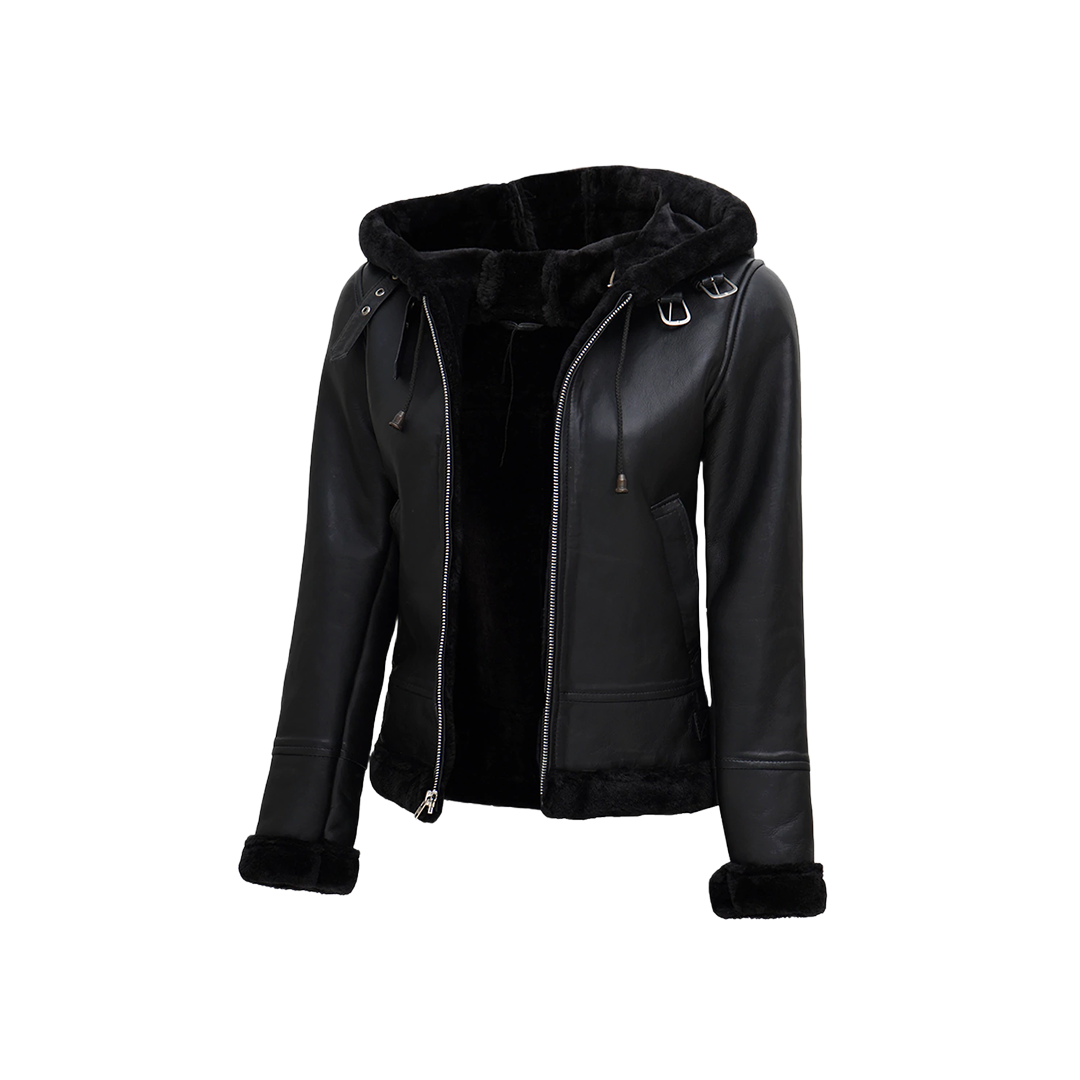 Women's Black Leather Hooded Shearling Jacket