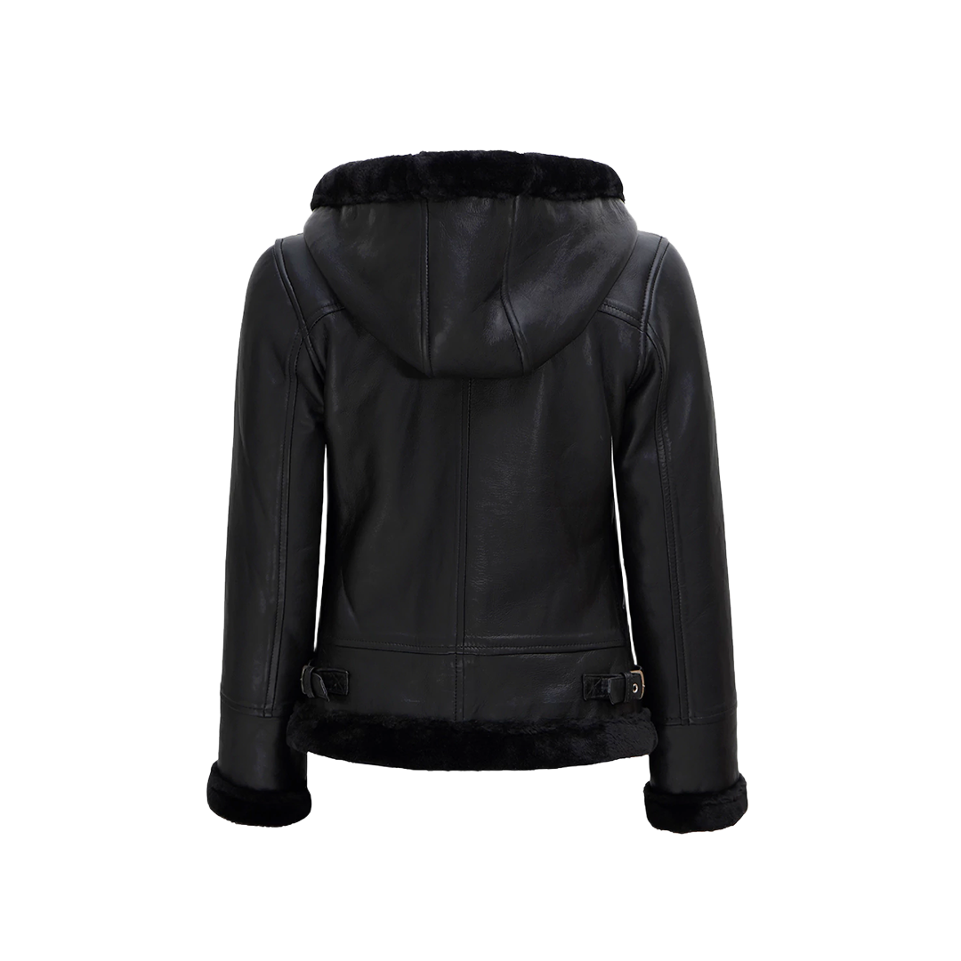 Women's Black Leather Hooded Shearling Jacket