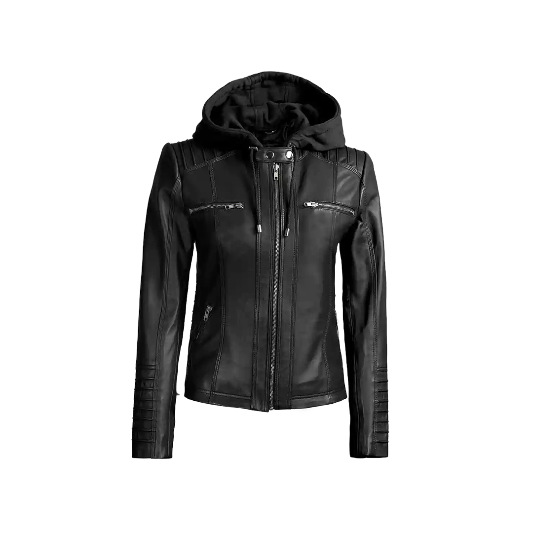 Women's Black Leather Jacket With Removable Hood