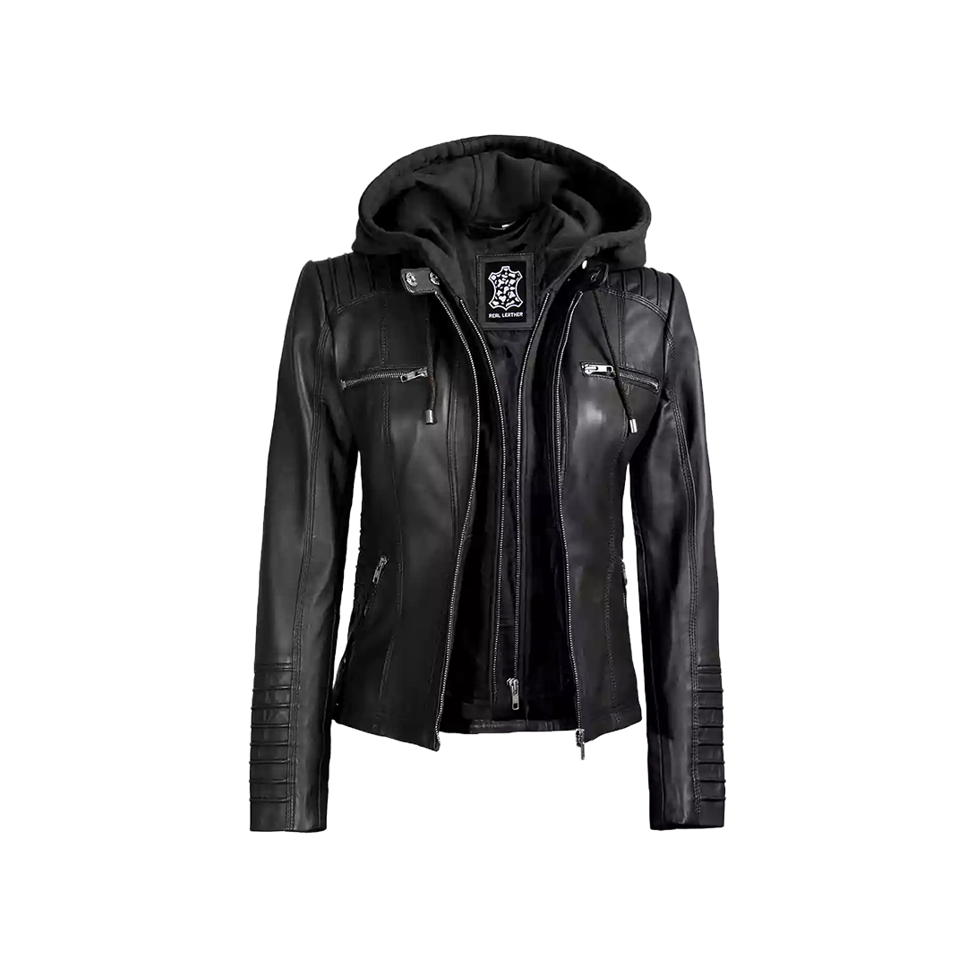 Women's Black Leather Jacket With Removable Hood