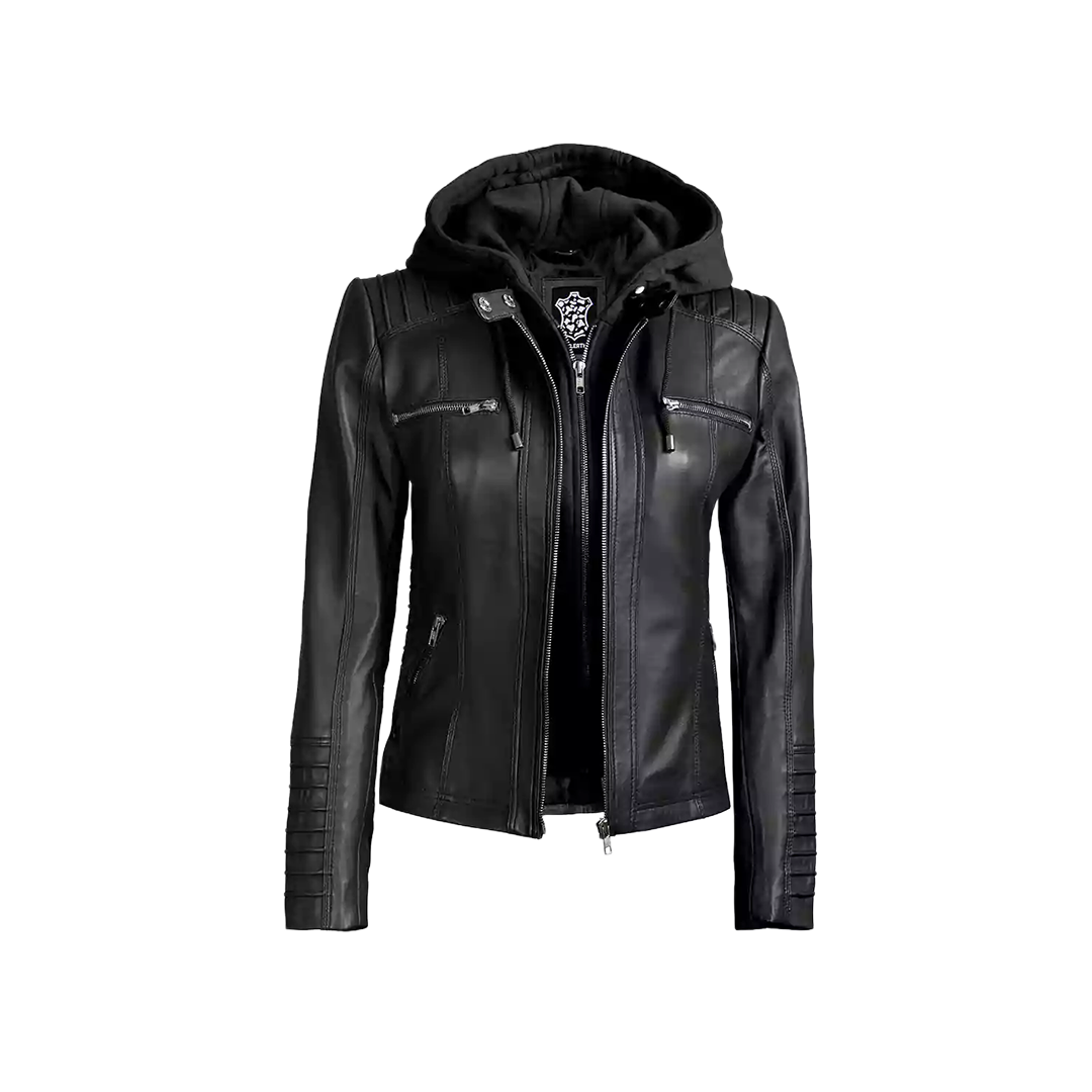 Women's Black Leather Jacket With Removable Hood