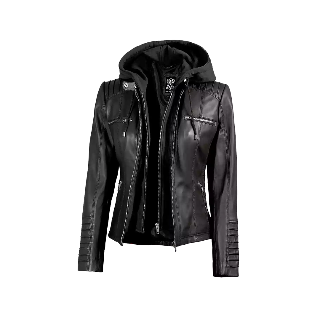 Women's Black Leather Jacket With Removable Hood