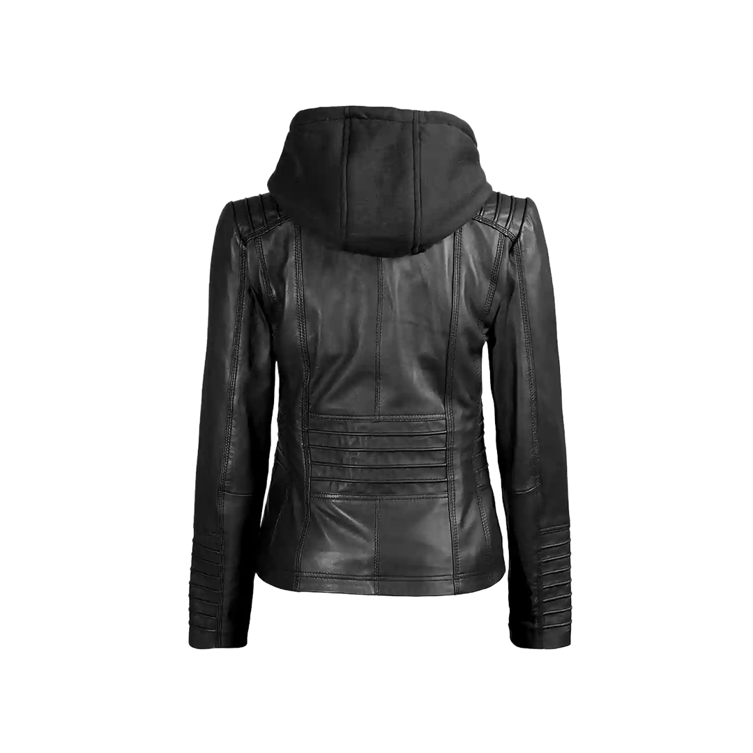 Women's Black Leather Jacket With Removable Hood