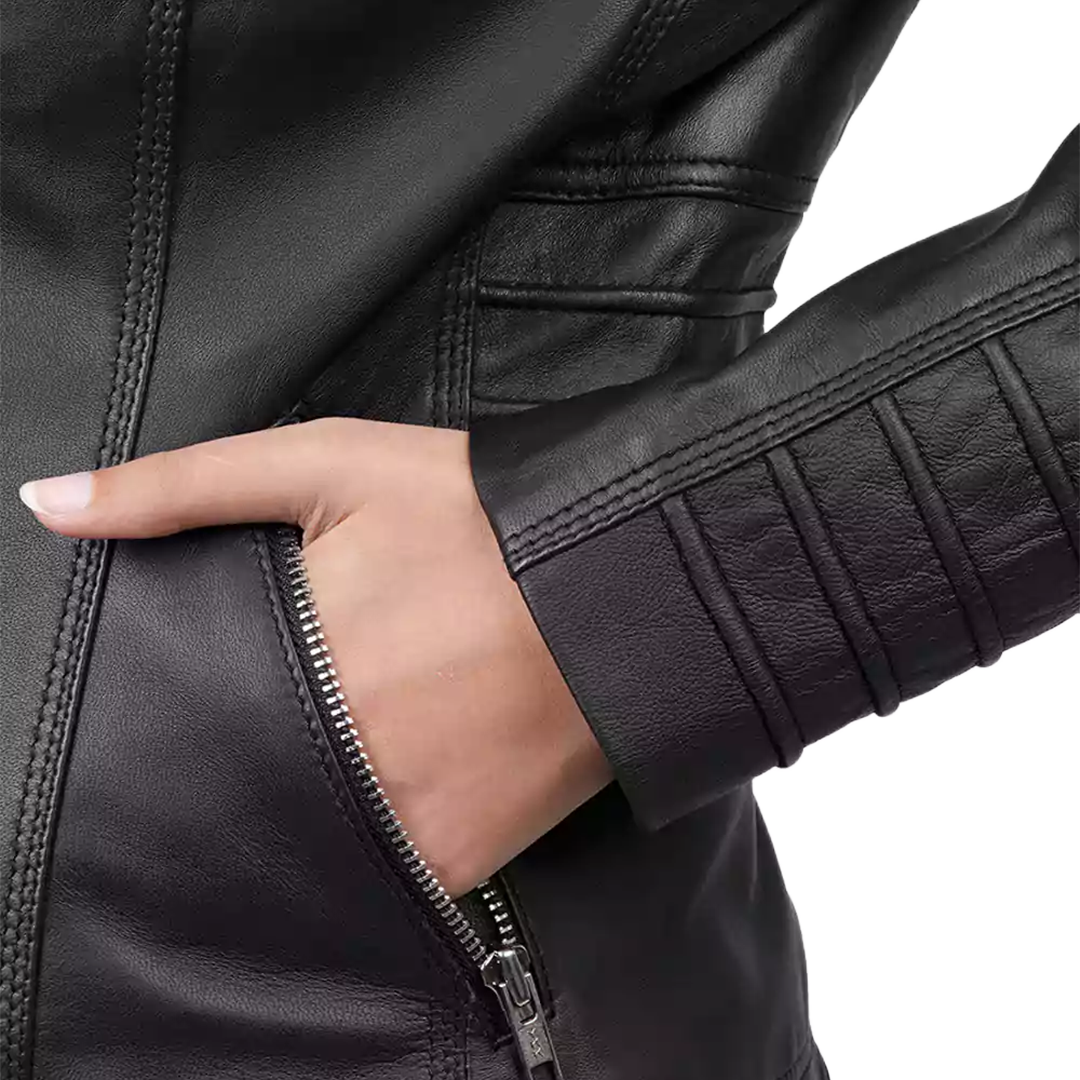 Women's Black Leather Jacket With Removable Hood