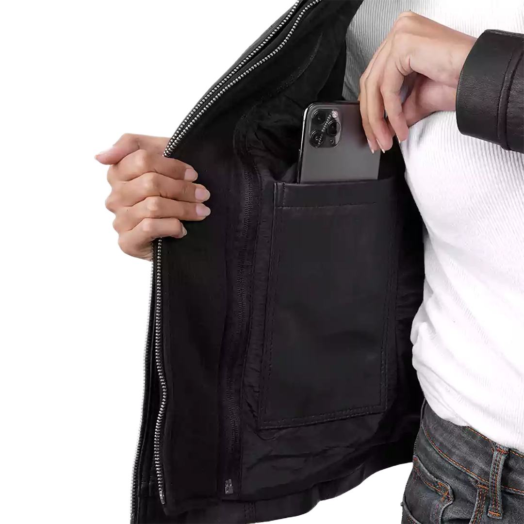 Women's Black Leather Jacket With Removable Hood
