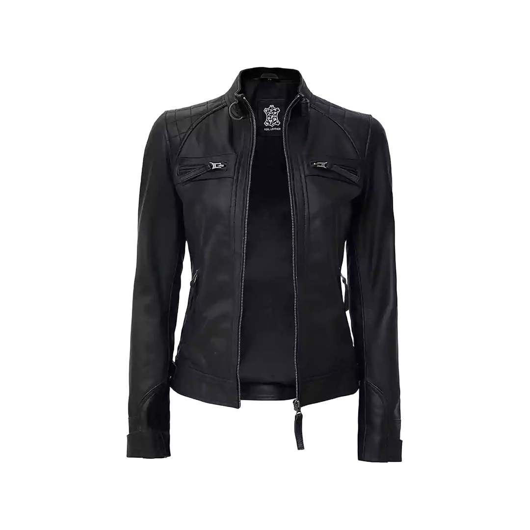 Women Black Quilted Cafe Racer Leather Jacket